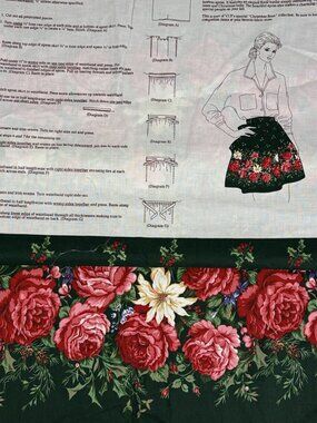 Vtg VIP Christmas Rose Apron Cut & Sew Fabric Panel Floral Holly Holiday Green